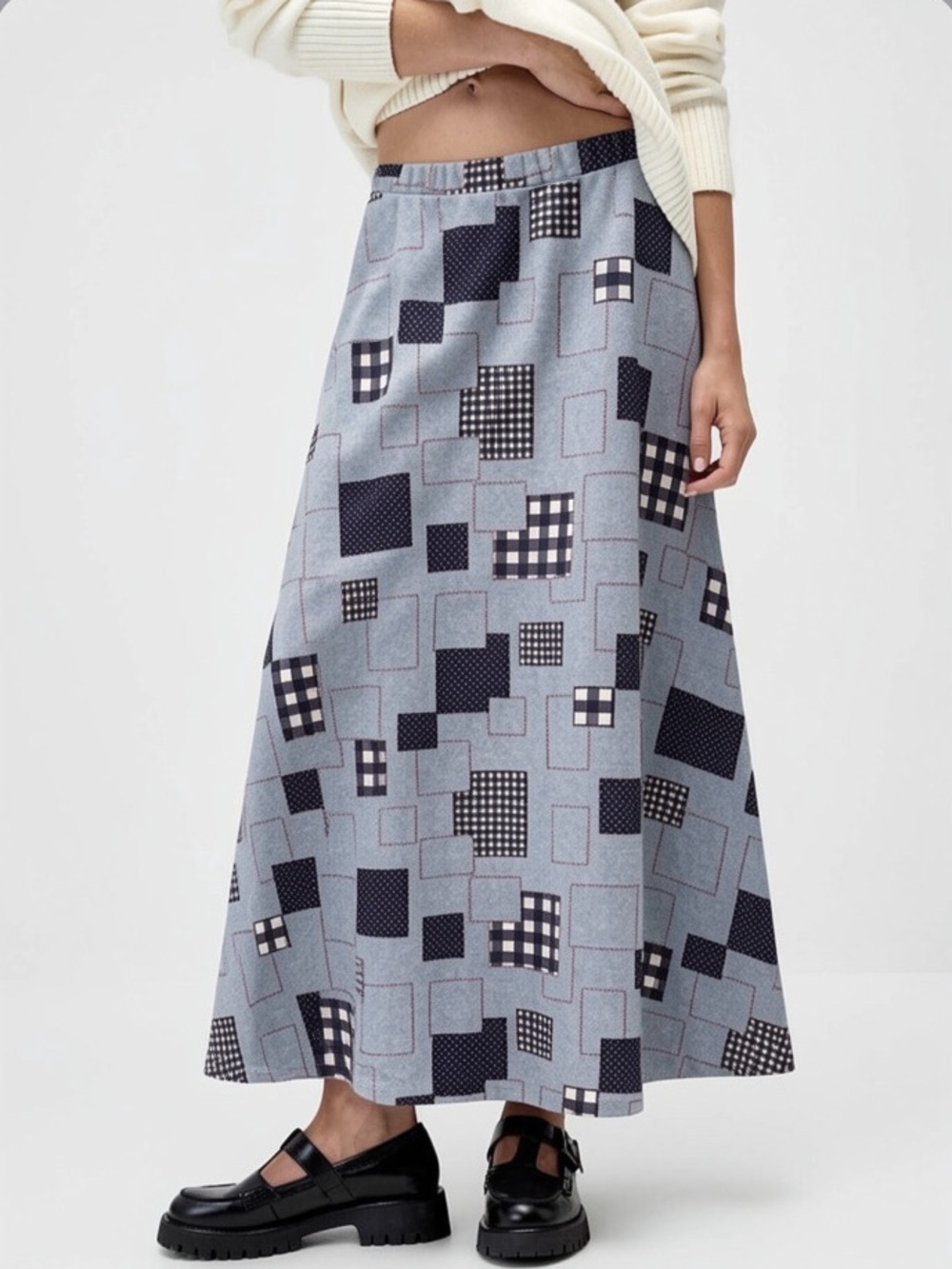 VTG 90s Patchwork Maxi Skirt Checkered Quilt Plaid Print Elastic Waist A Line
